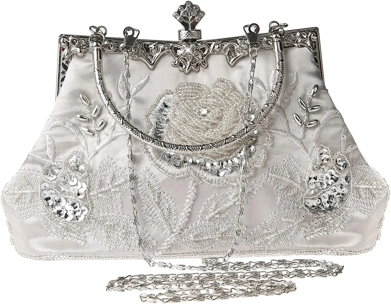 Womens Vintage Floral Beaded Rhinestone Embroidery Clutch Sequin Crossbody Bag Evening Handbag for Bridal Wedding Party Prom